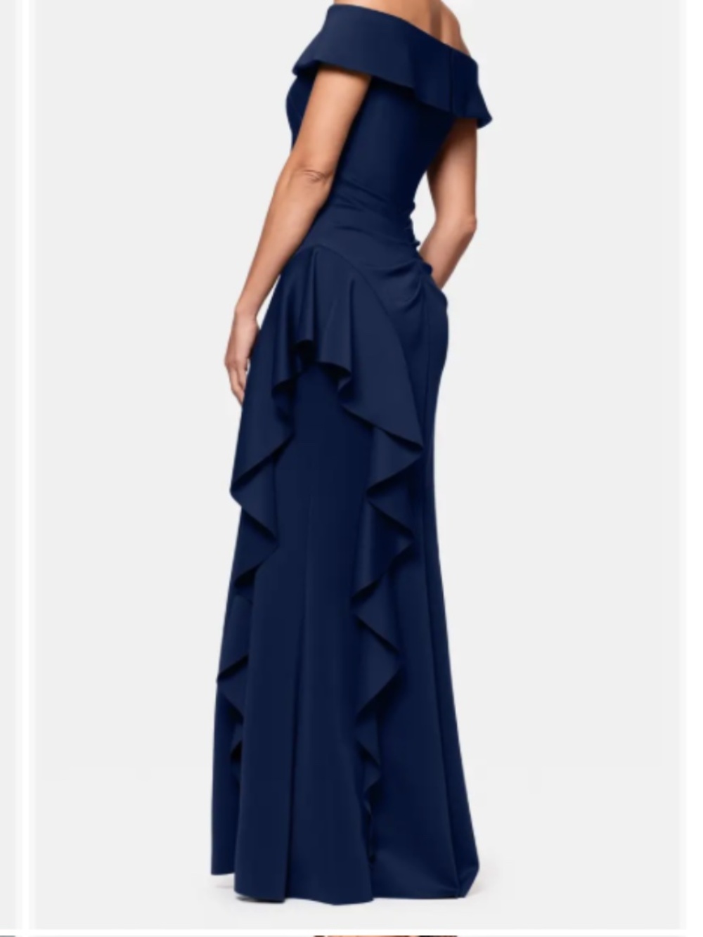 Xscape Off-Shoulder Navy Blue Ruffled Maxi Dress - Picture 4 of 9